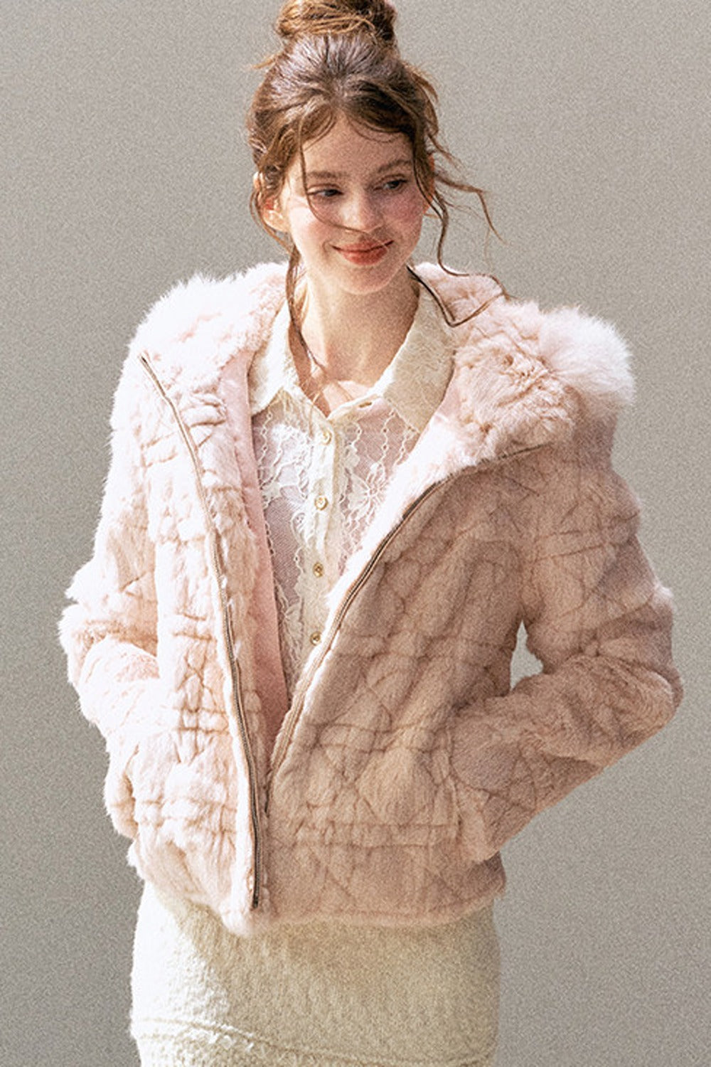 Quilted Faux Rabbit Fur Hooded Jacket