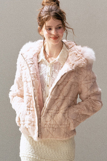 Quilted Faux Rabbit Fur Hooded Jacket