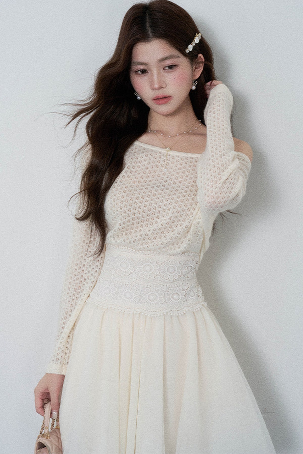 French Hollow-Out Lace Off-Shoulder Dress