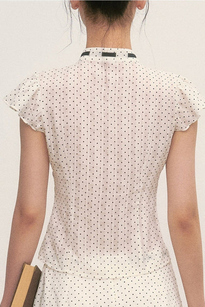 Polka Dot Tie Neck Short-Sleeved Shirt and Skirt Set-Up