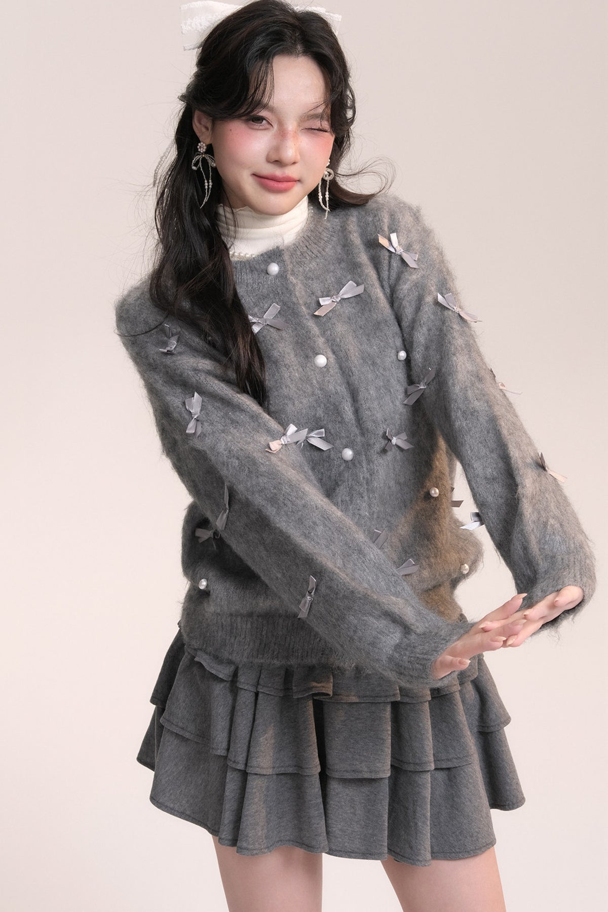 Ballet Bow Knit Cardigan With Skirt Set