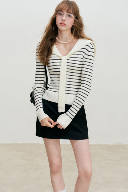 Navy Striped Sailor Collar Knit Top