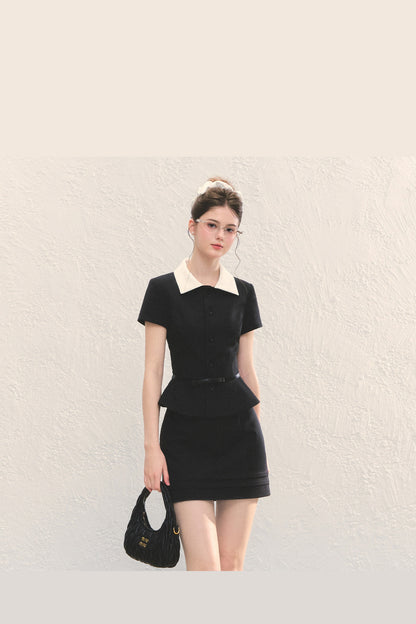 Black Short-Sleeved Shirt and A-Line Skirt Set-Up