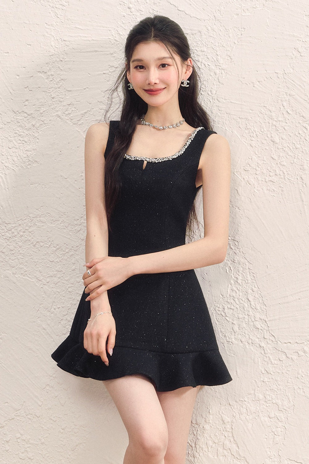 Black Square Neck Ruffled Hem Dress