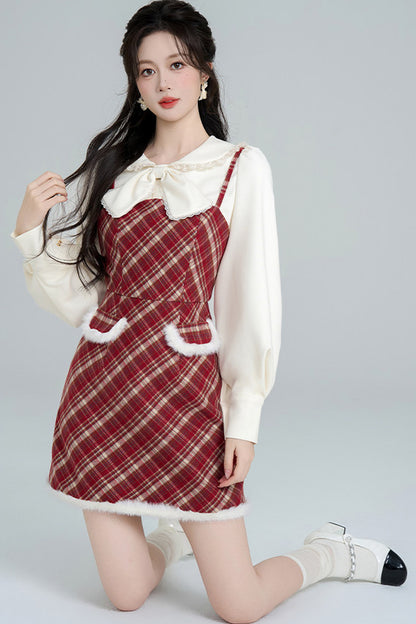 Red Plaid Dress and Apricot Shirt Set-Up