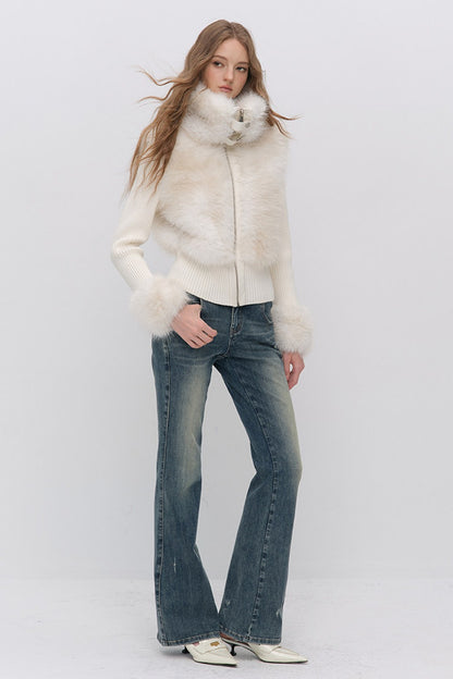 Layered-Look Fur Patchwork Knit Jacket