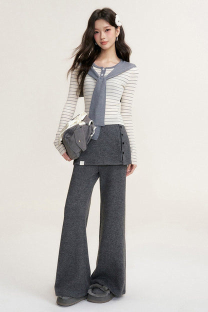 Striped Shawl Collar Long Sleeve Knit Sweater