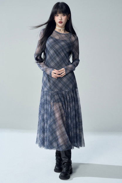 Blue Plaid Long Sleeve Dress Set