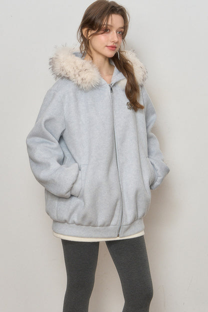 Hooded Fur Collar Woolen Jacket