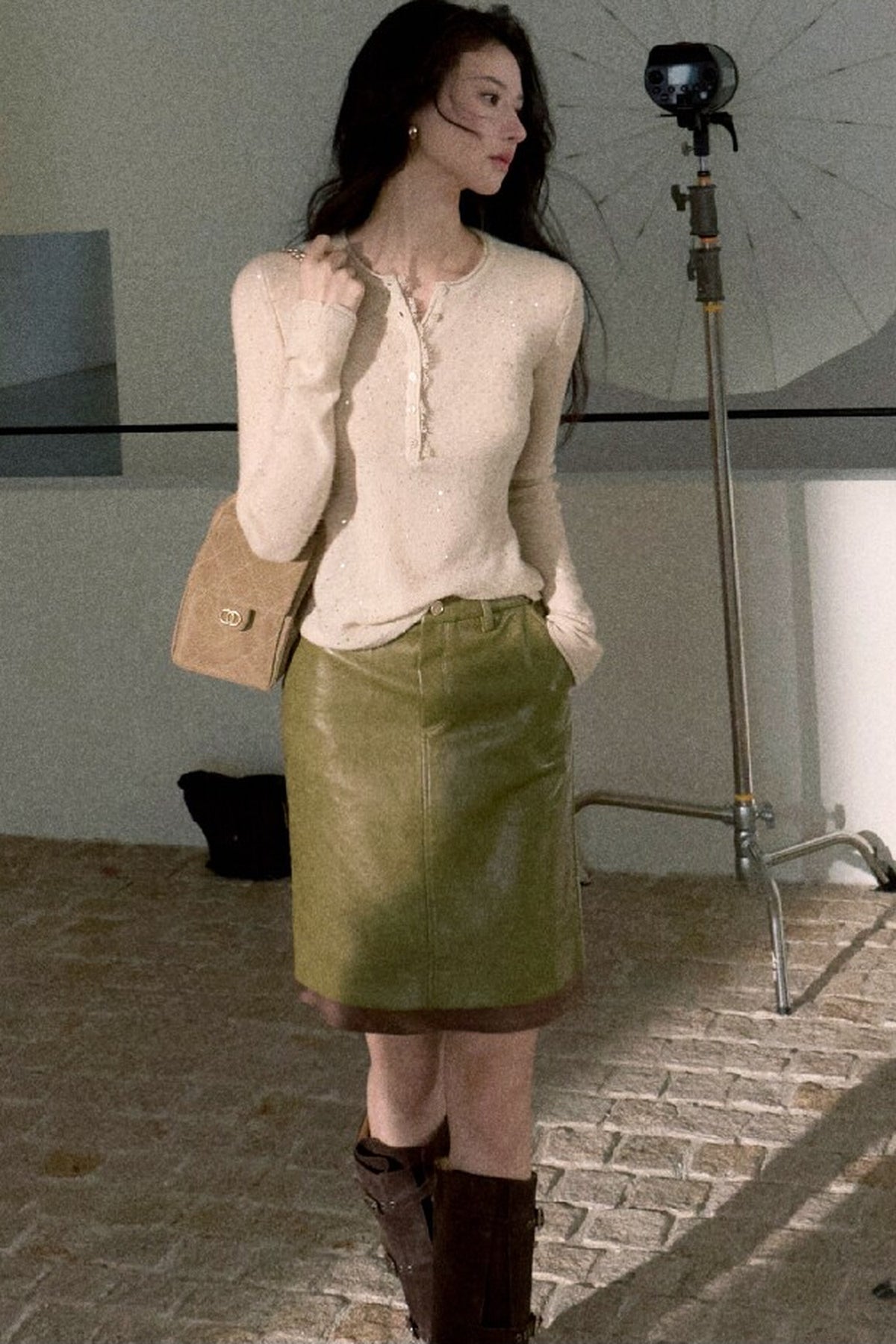 Fern Green Leather Straight Skirt