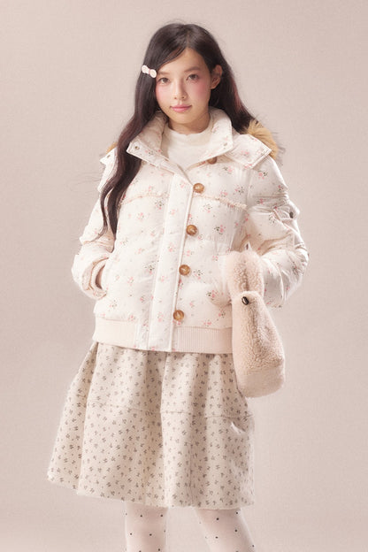 Floral Fur Collar Hooded Toggle Jacket
