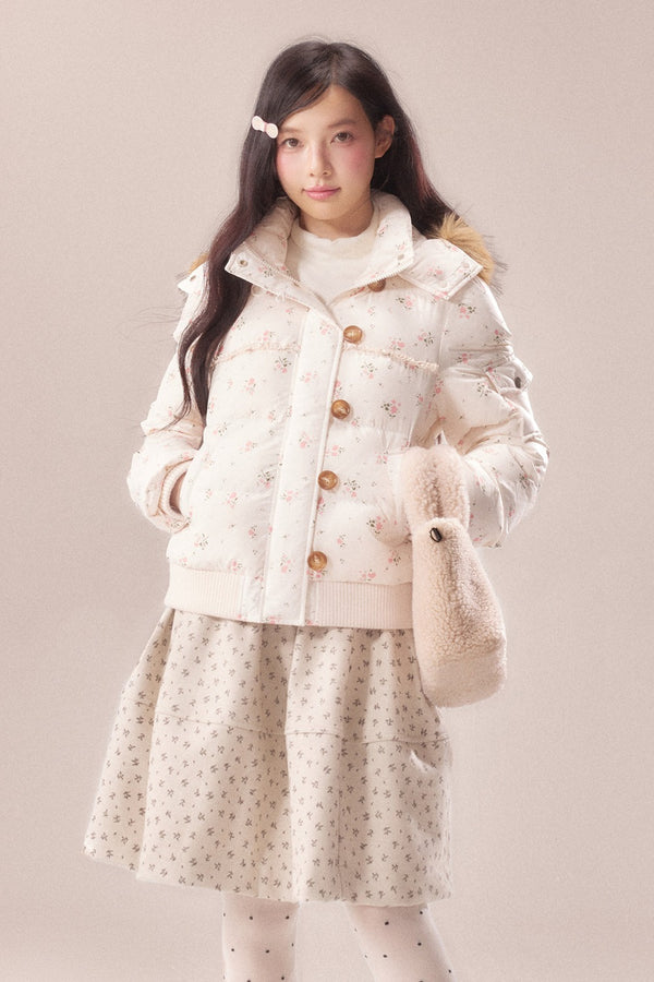 Floral Fur Collar Hooded Toggle Jacket