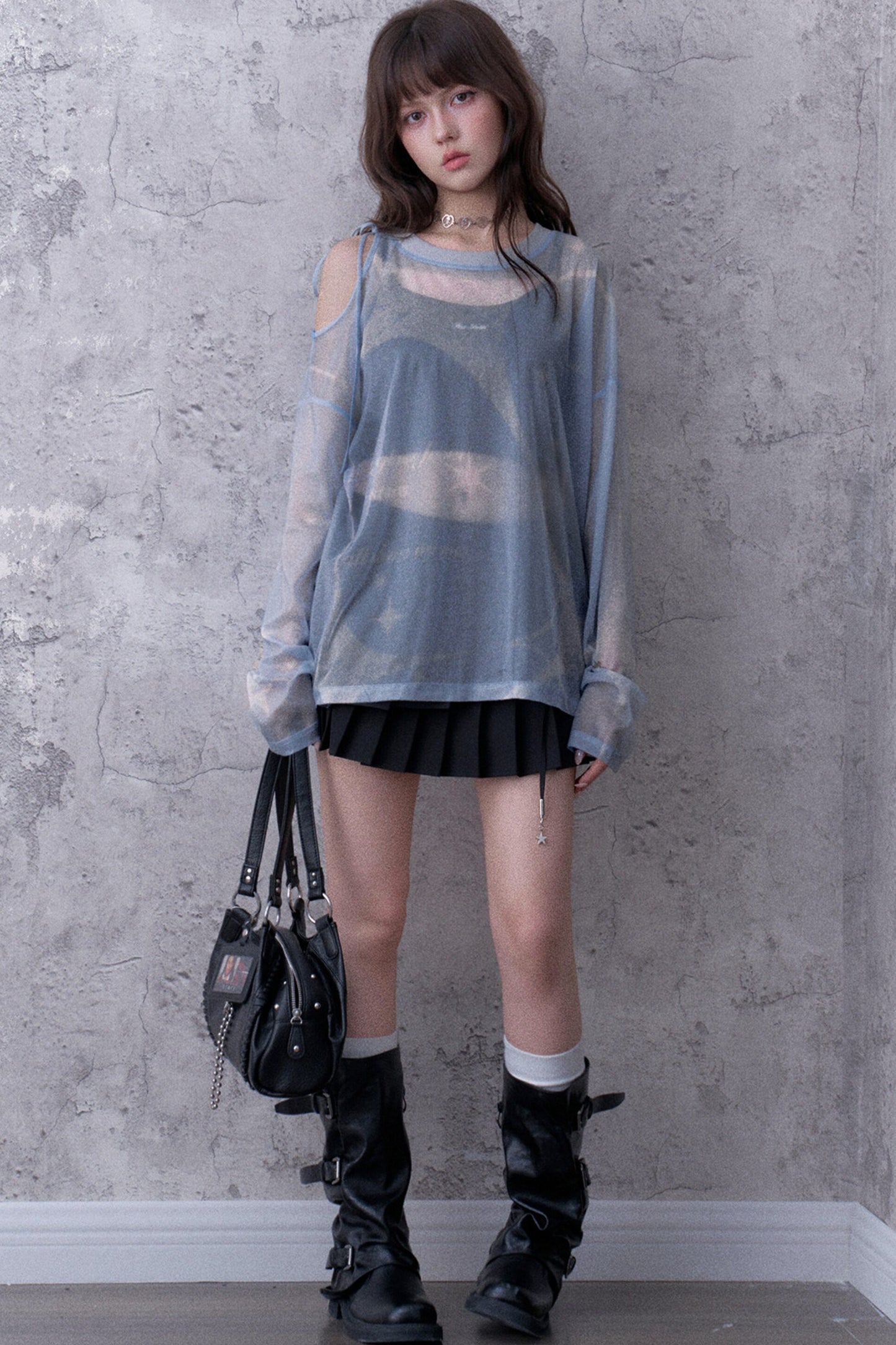Blue Sparkling Mesh Sweatshirt Style Top