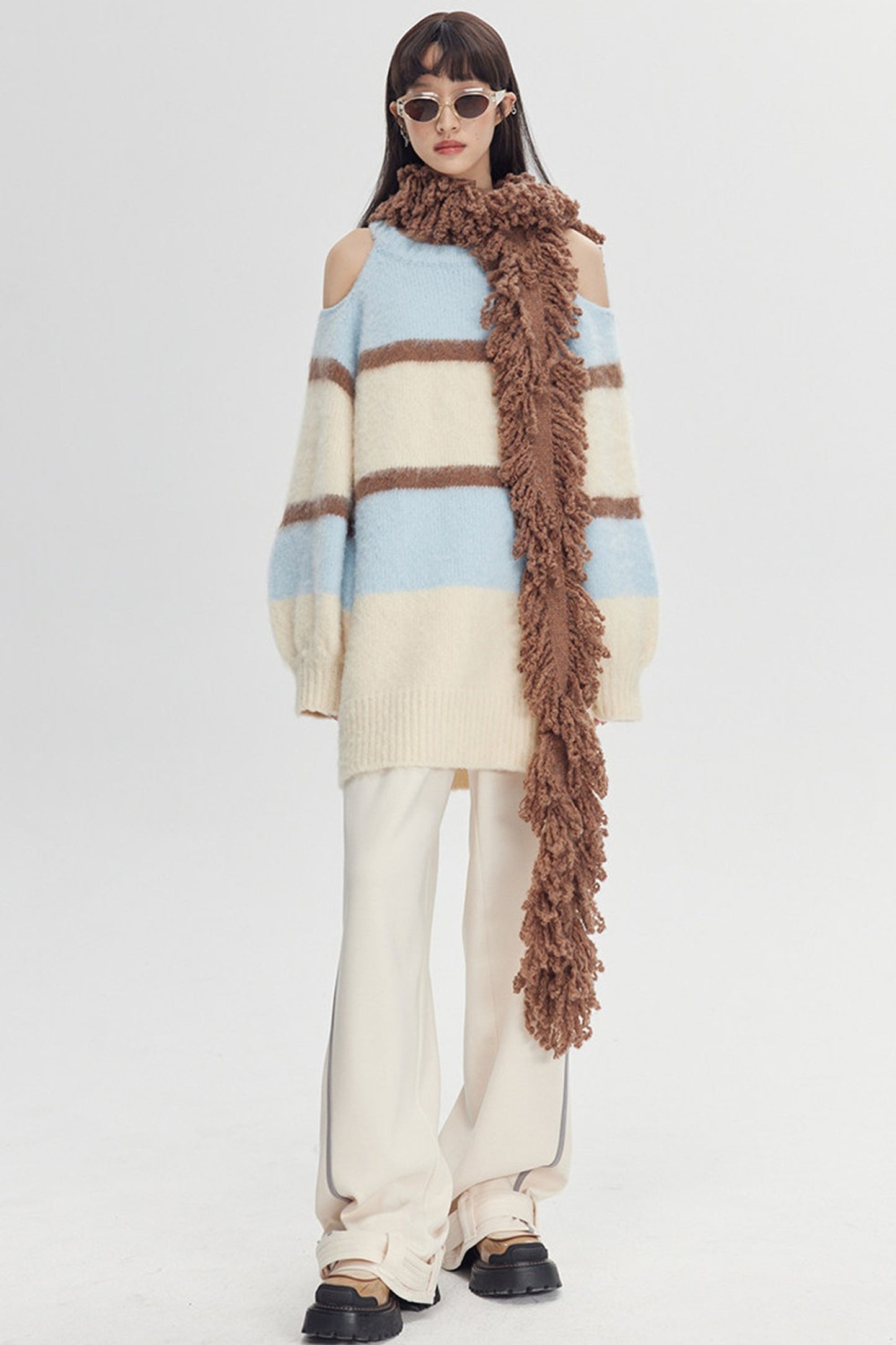 Off-Shoulder Striped Knit Sweater