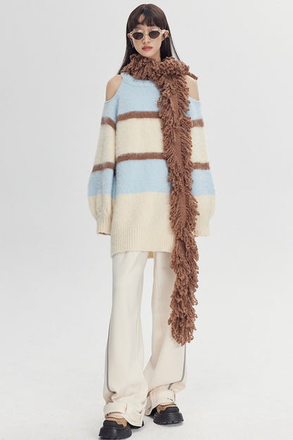 Off-Shoulder Striped Knit Sweater