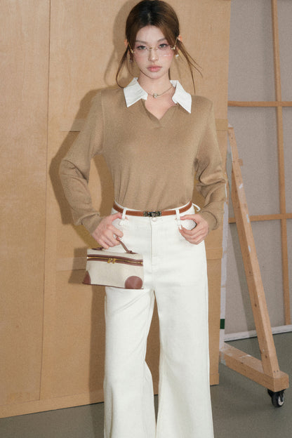 Light Camel Lapel Knit Top and White Pants Set-Up