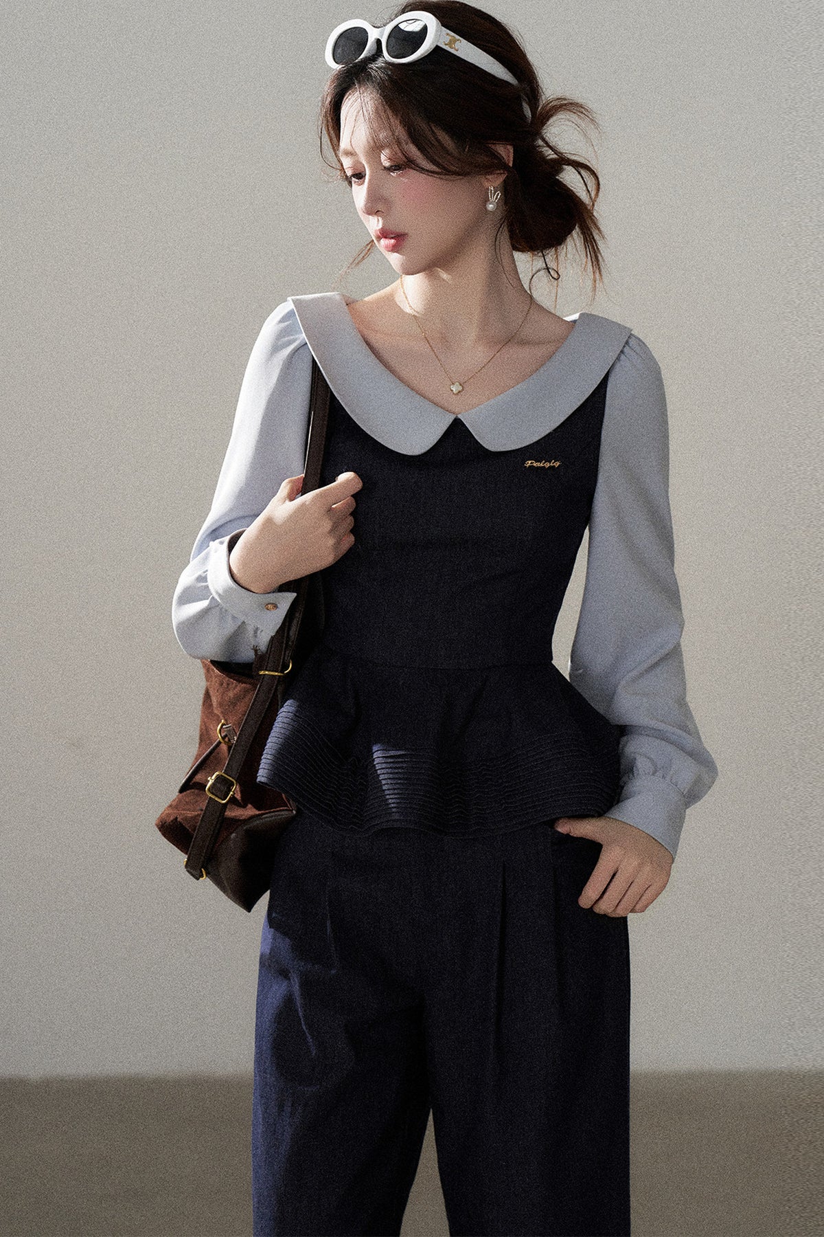 Doll Collar Shirt and Wide-Leg Pants Set-Up