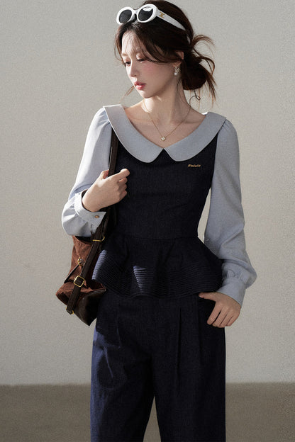 Doll Collar Shirt and Wide-Leg Pants Set-Up