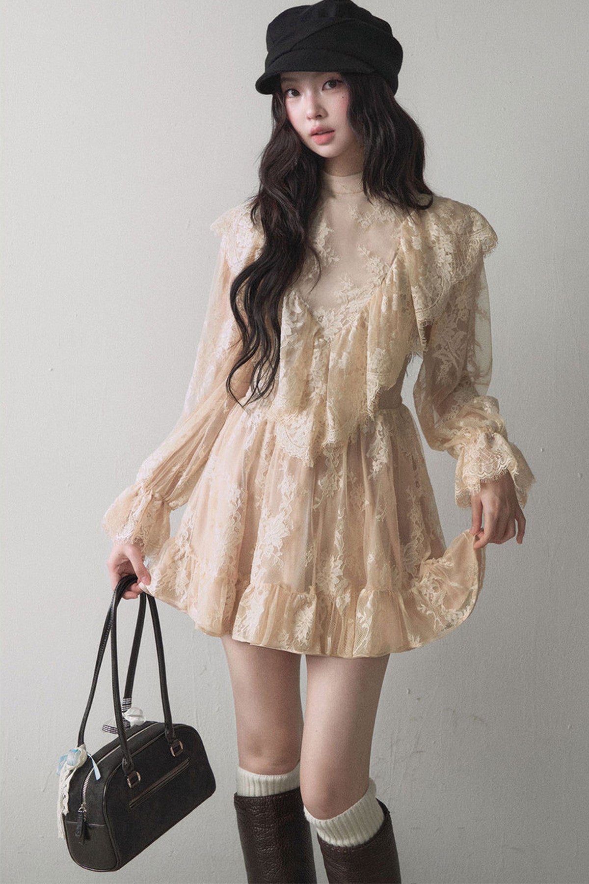 Beige Lace Ruffle Long-Sleeve Dress