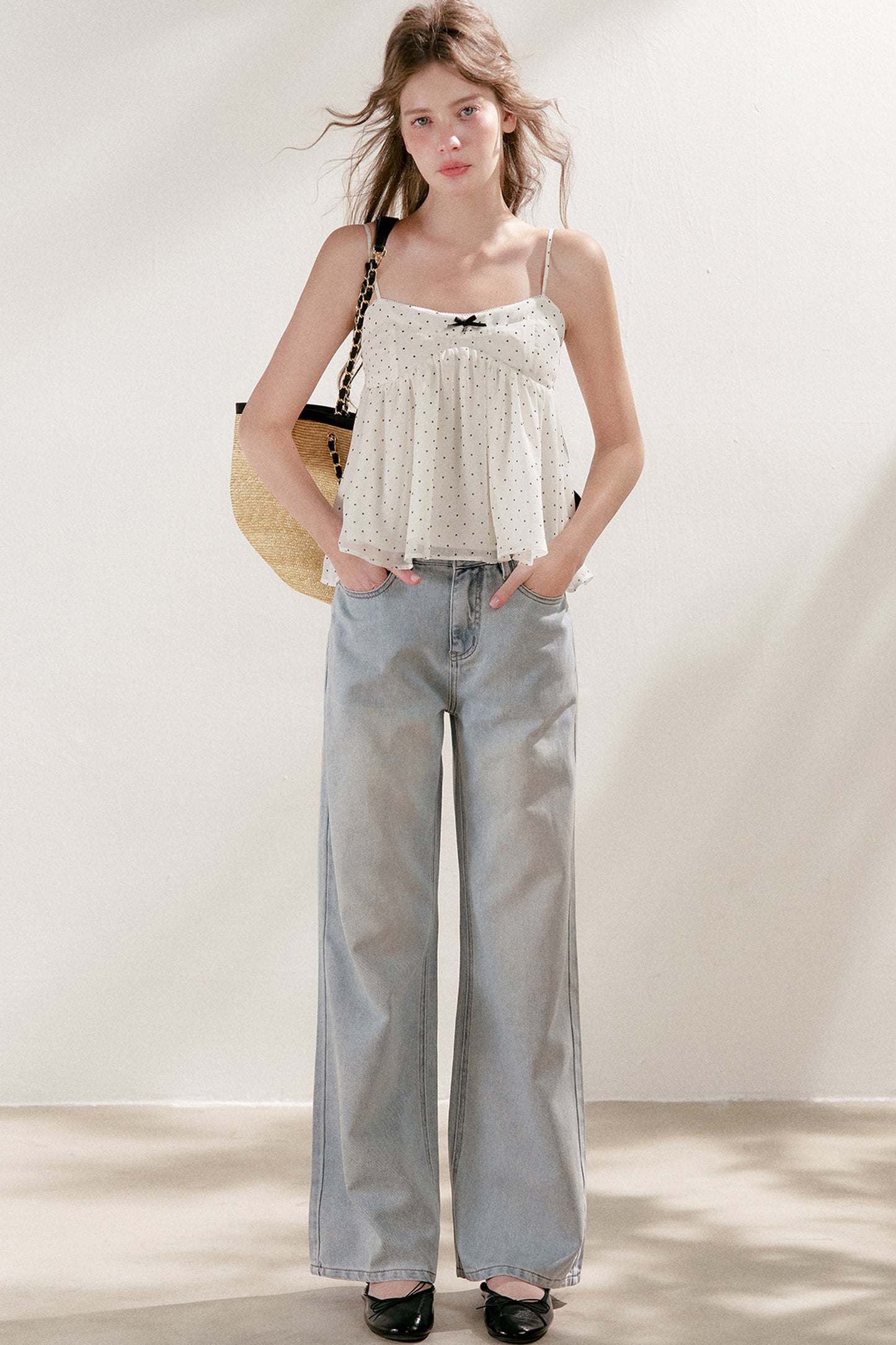 Bubble Polka Dot Ruched Chiffon Camisole Set-Up