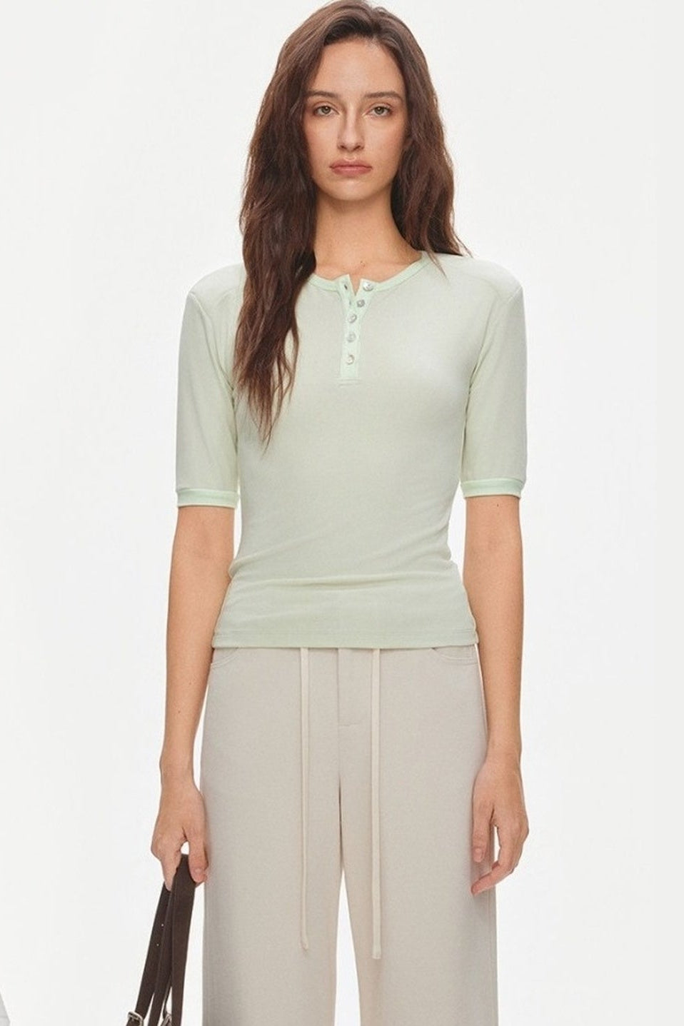 Padded Shoulder Henley Knit Top