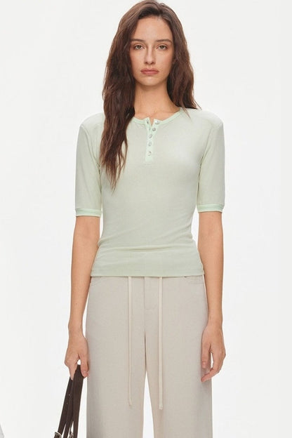 Padded Shoulder Henley Knit Top