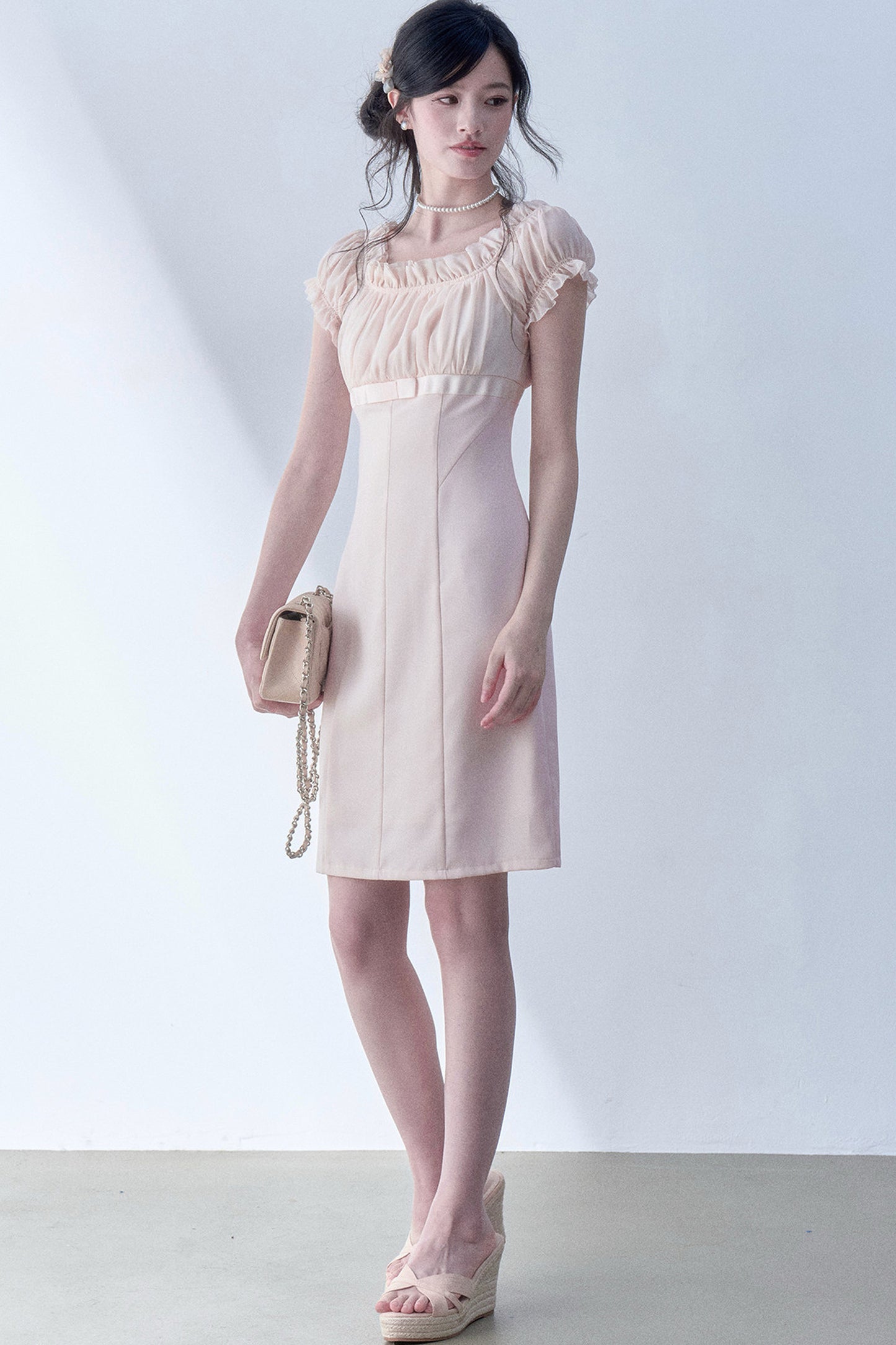 Pleated Lace Chiffon Dress