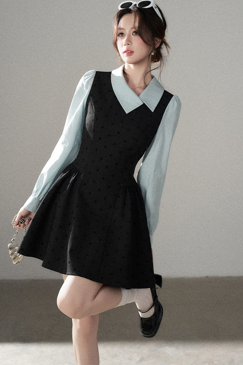 Black Polka Dot Asymmetrical Collar Dress