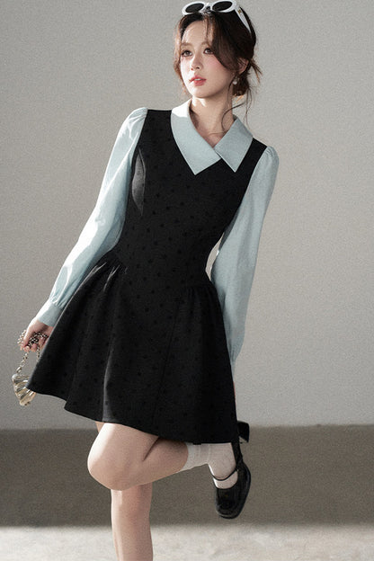Black Polka Dot Asymmetrical Collar Dress