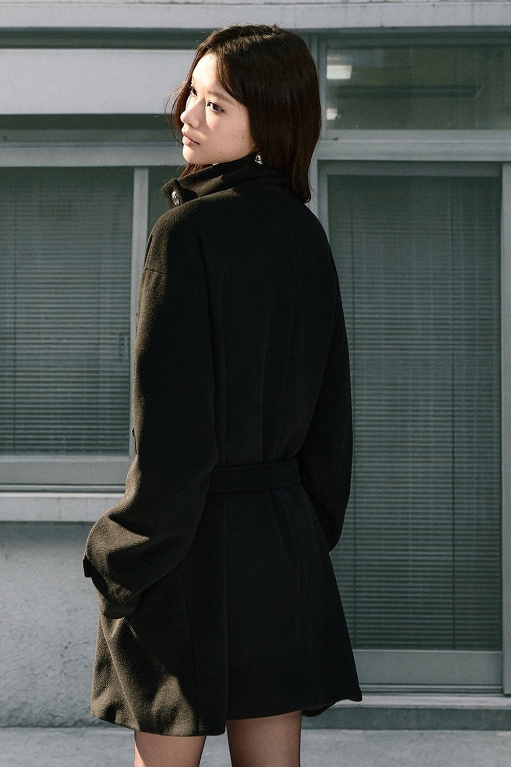 Double-Breasted Drop Shoulder Belted Woolen Coat