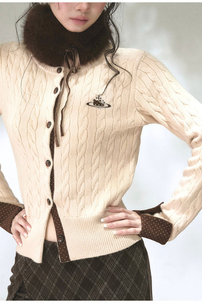 Color-Blocked Polka Dot Cable Knit Cardigan