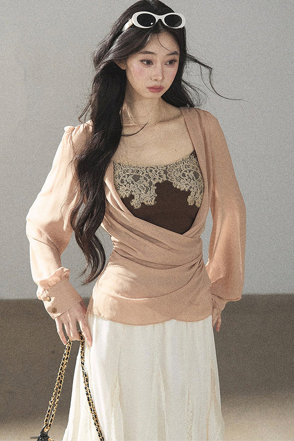 Semi-Sheer Ruffled Chiffon Blouse and Cami Set