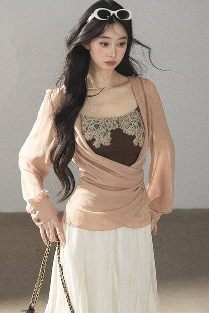 Semi-Sheer Ruffled Chiffon Blouse and Cami Set