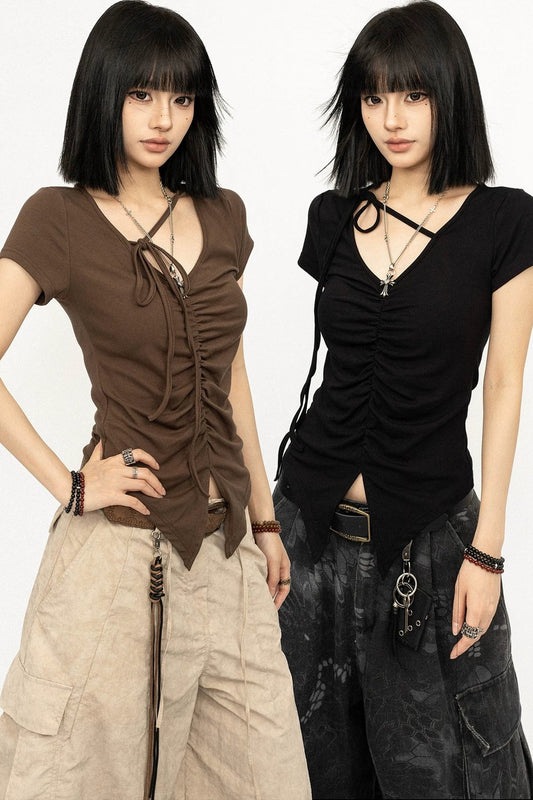 V-Neck Pleated Black Top