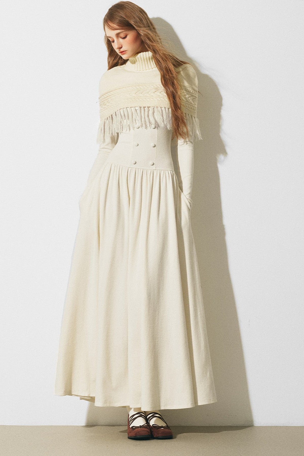 Knitted Sweater Cape and Double-Breasted Dress Set-Up