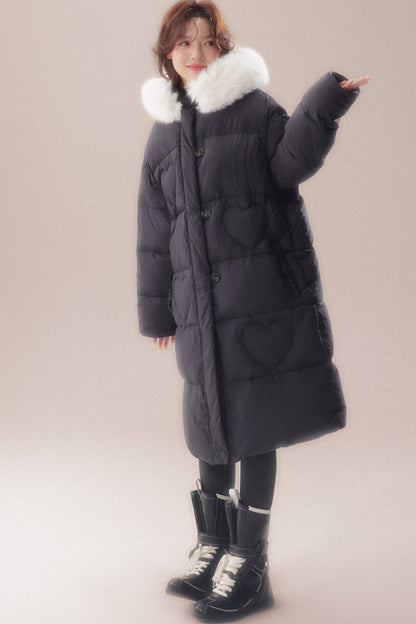 Long Heart Quilted Fur Collar Down Coat