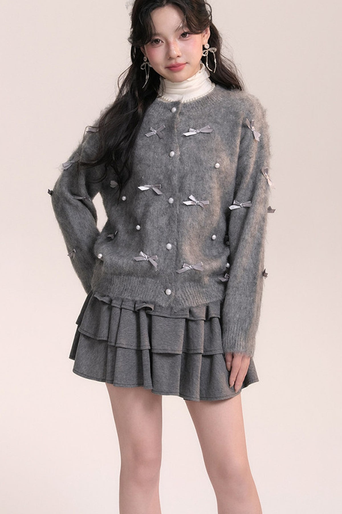 Ballet Bow Knit Cardigan With Skirt Set