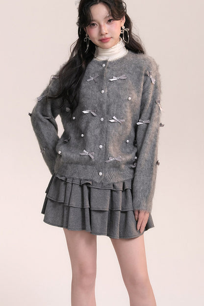 Ballet Bow Knit Cardigan With Skirt Set