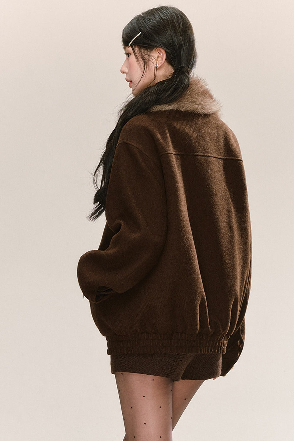 Maillard Fur Collar Woolen Jacket and Shorts Set-Up