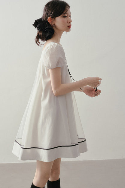 White A-Line Puff Sleeve Contrast Piping Dress
