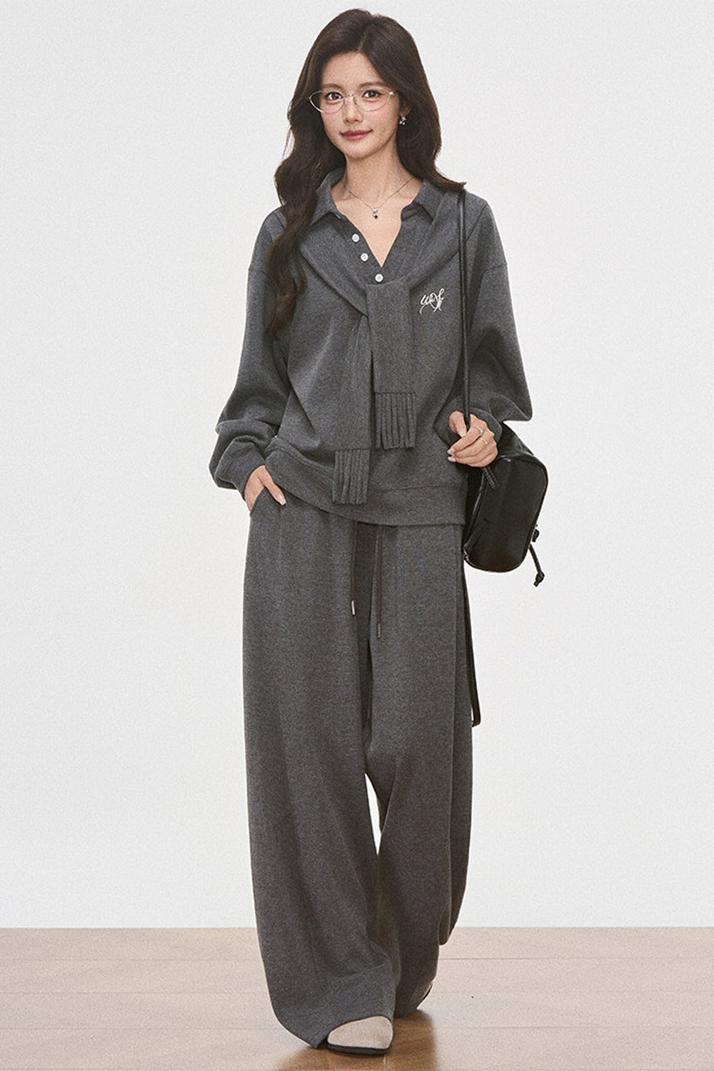 Knit Scarf Sweatshirt and Sweatpants Set-Up