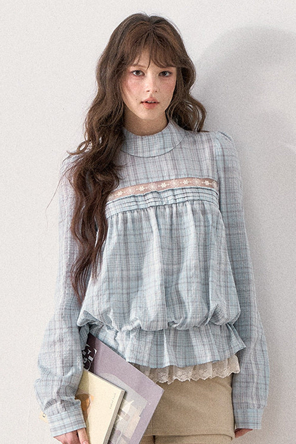 Mint Plaid Lace Blouse
