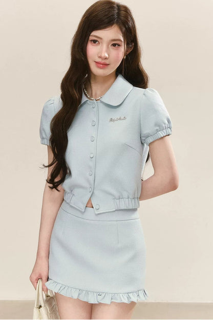 스윗 블루 돌 칼라 탑 세트업