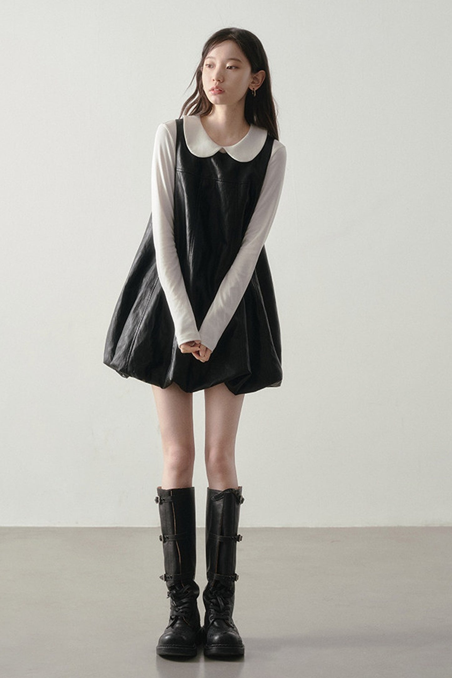Black Leather-Like Peter Pan Dress