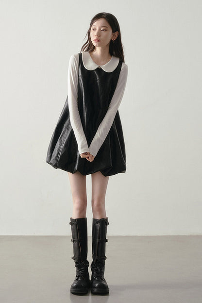Black Leather-Like Peter Pan Dress