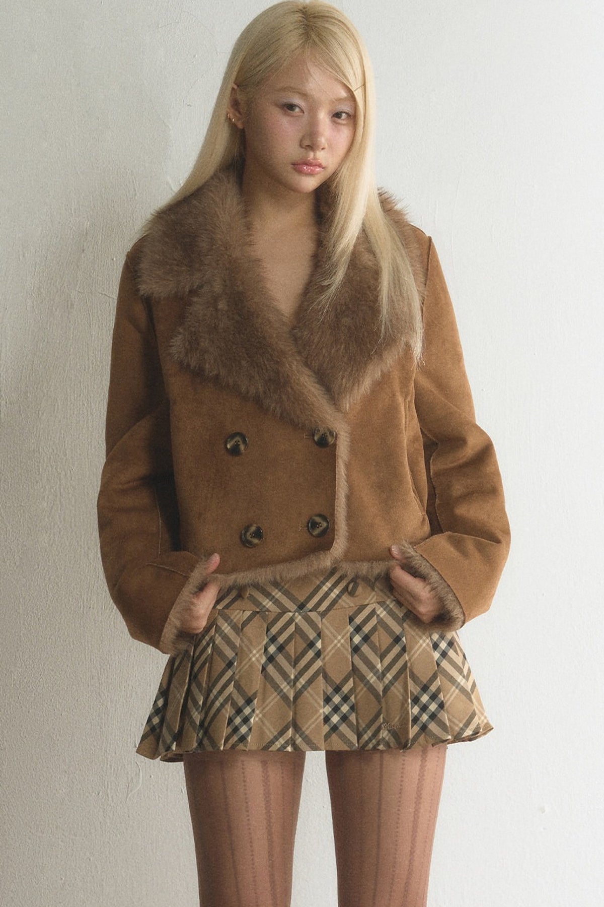 Suede Fur Collar Double-Breasted Jacket With Skirt Set-Up