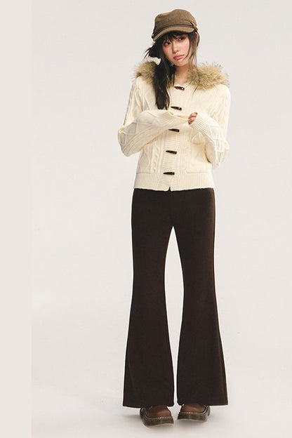 Retro Horn Button Fur Collar Knitted Cardigan