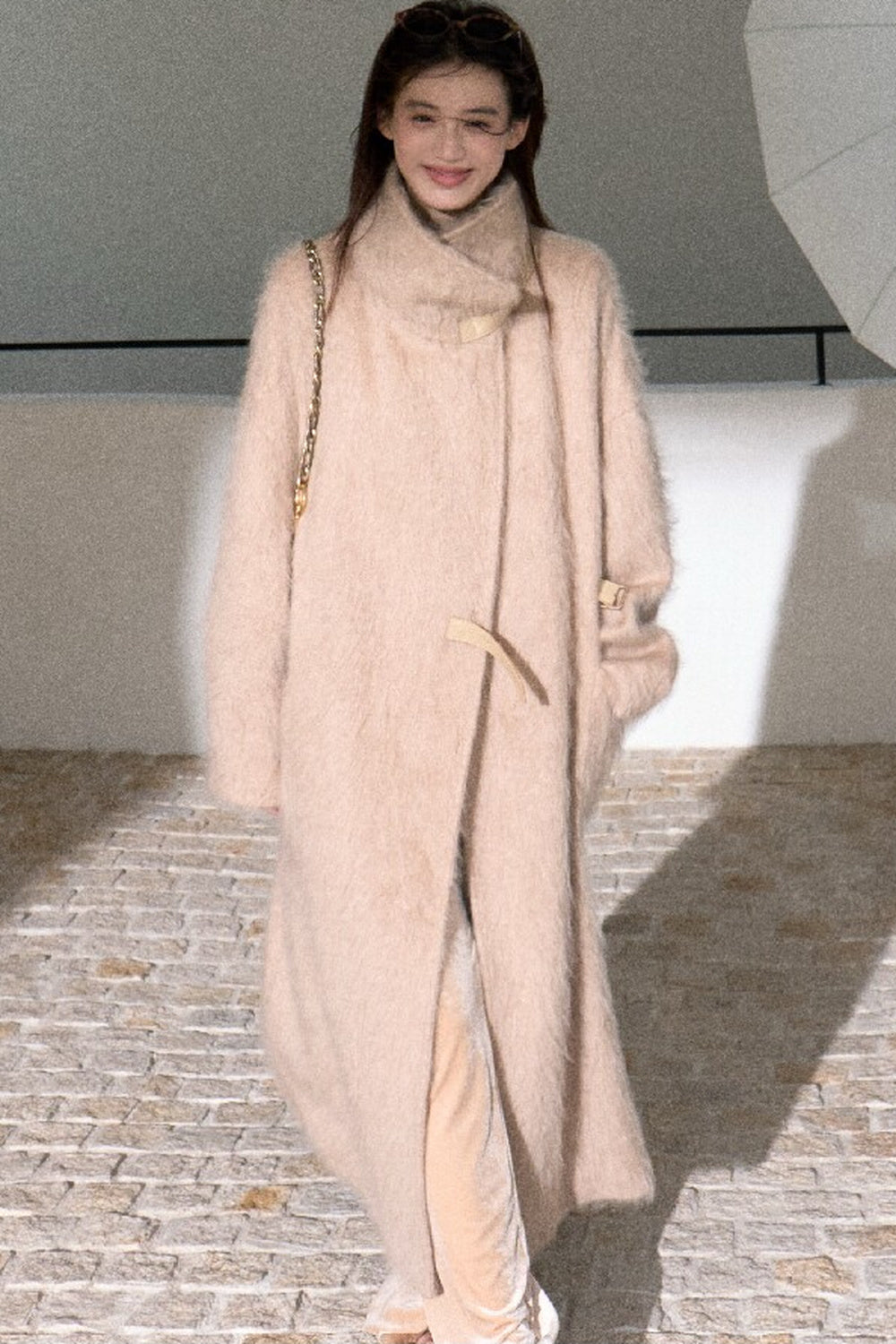 Brushed Cashmere Silk Funnel Collar Coat