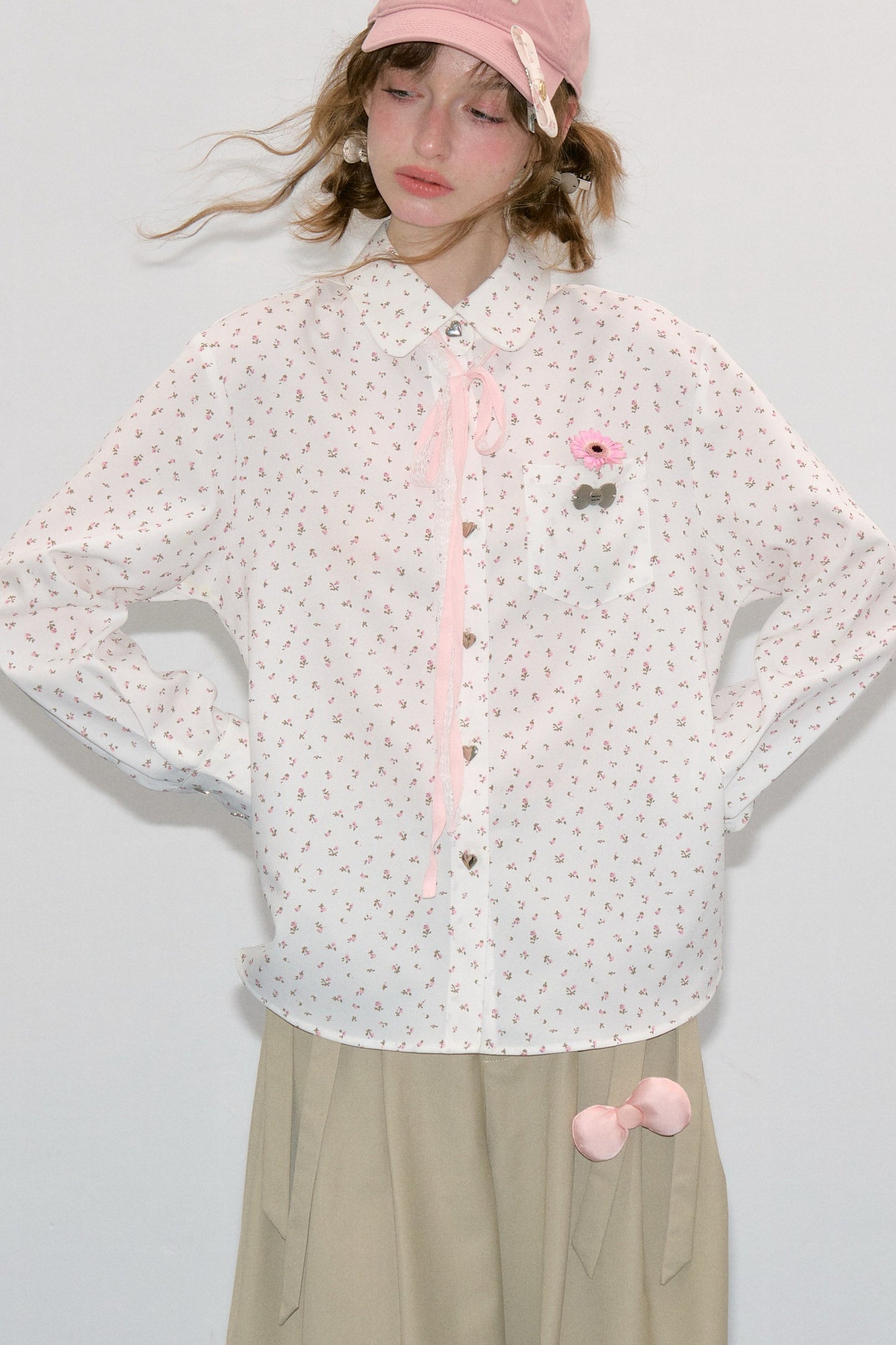 White Floral Lace-Up Doll Collar Blouse