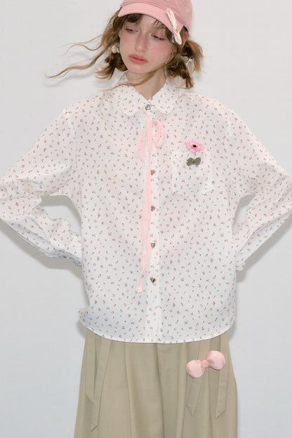 White Floral Lace-Up Doll Collar Blouse